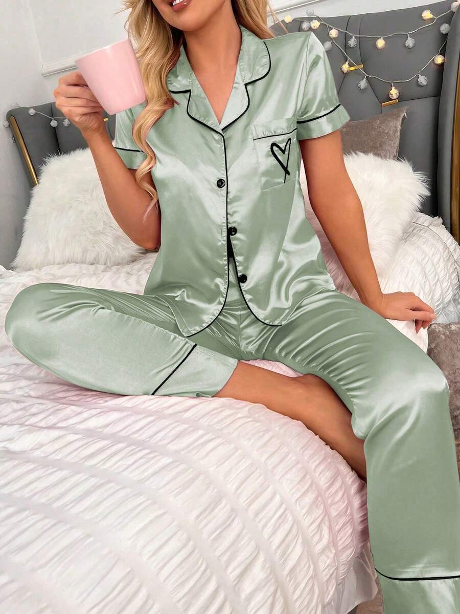 Two-Pieces Set Of Short-Sleeved Top And Long Pants Pajamas With Silk-Like Texture And Embroidered Hearts