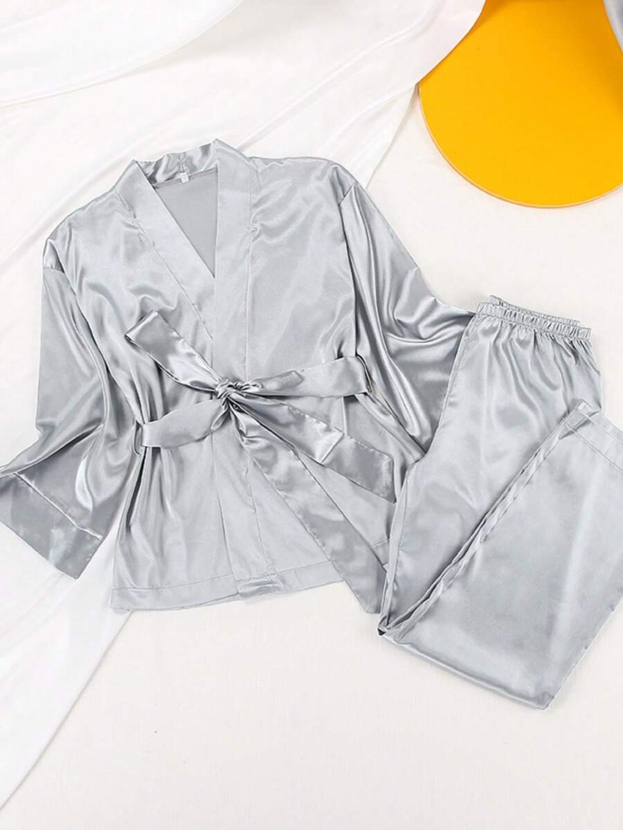 2pcs Women Solid Color Ice Silk Tied Long Sleeve Cardigan And Wide-Leg Pants Sleepwear Set, Comfy, Two Pieces Set