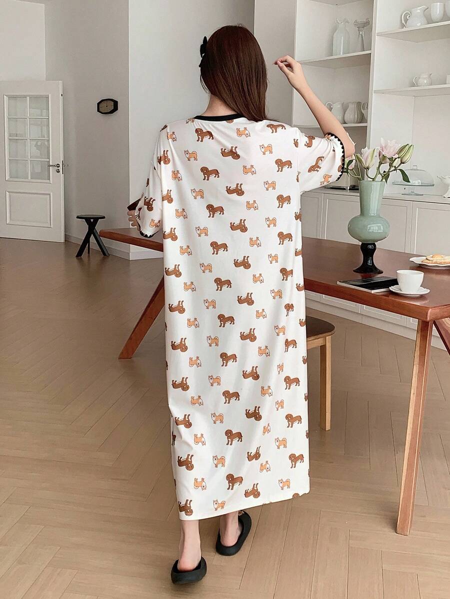Puppy Print Embroidered Contrast Trim Loose Women's Nightgown Pajamas