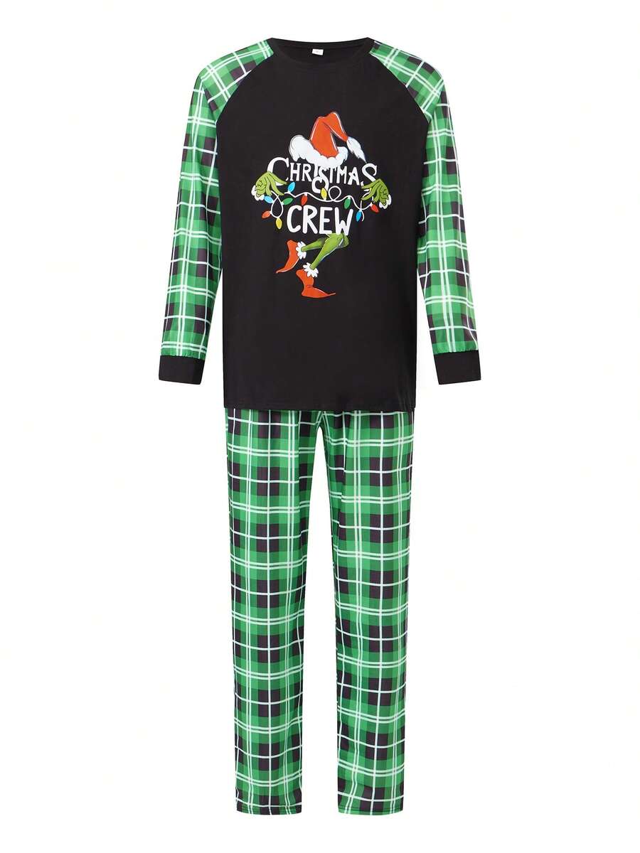 Christmas Parent-Child Pajama Set, Including A Green Monster-Patterned Long-Sleeved Top And Plaid Trousers. Christmas Loungewear.
