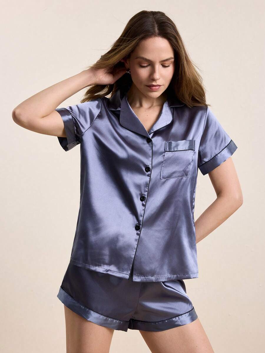 Contrast Piping Satin PJ Set / Pajama Set for Summer