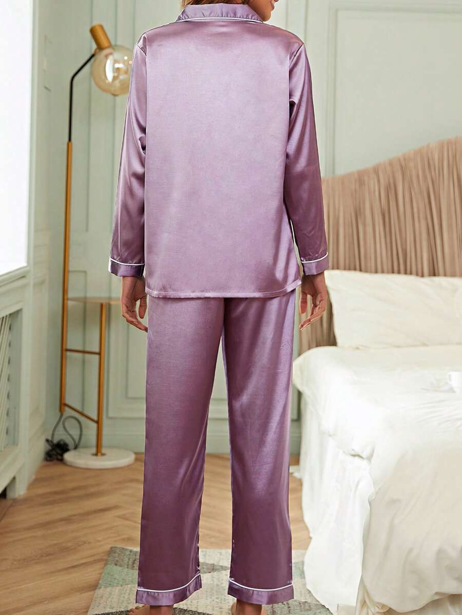 Contrast Piping Button Up Top & Pants Satin Pajama Set, Fall Winter Clothes Cozy And Elegant Details
