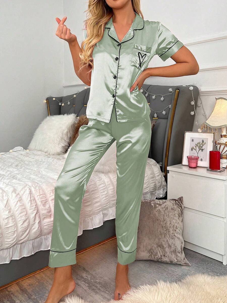Two-Pieces Set Of Short-Sleeved Top And Long Pants Pajamas With Silk-Like Texture And Embroidered Hearts