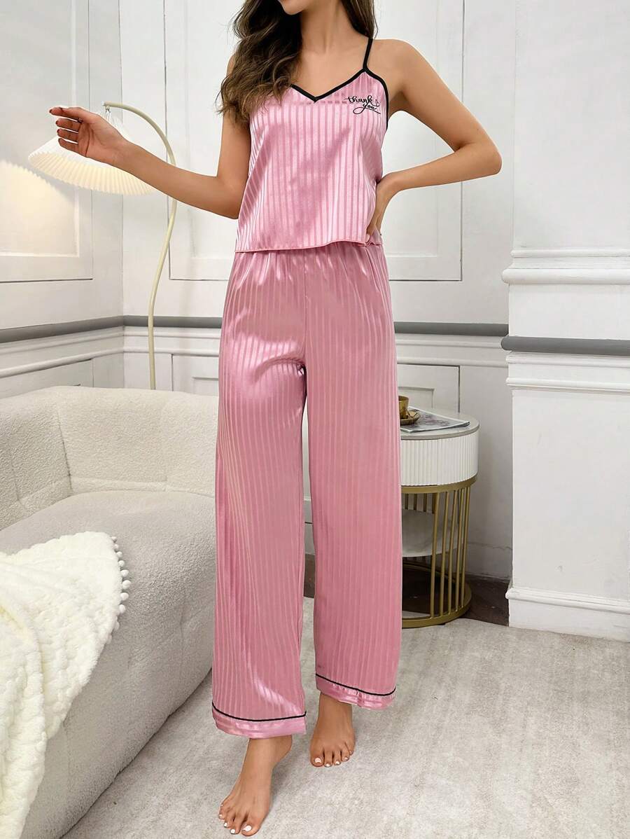 Ladies English Embroidered Faux Silk Striped Camisole Top & Pants Pajama Set