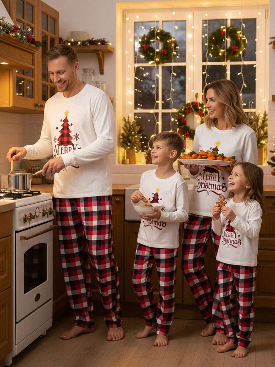 Christmas Parent-Child Pajama Set, Christmas Pajamas, Family-Friendly Christmas Pajamas, Christmas Family Pajama Set, Featuring A Long-Sleeved Top With Christmas Tree Letter Patterns And Plaid Pants. Suitable For A Family Of Four, This Christmas Pajama Se Christmas Parent-Child Pajama Set, Christmas Pajamas, Family-Friendly Christmas Pajamas, Christmas Family Pajama Set, Featuring A Long-Sleeved Top With Christmas Tree Letter Patterns And Plaid Pants. Suitable For A Family Of Four, This Christmas Pajama Se
