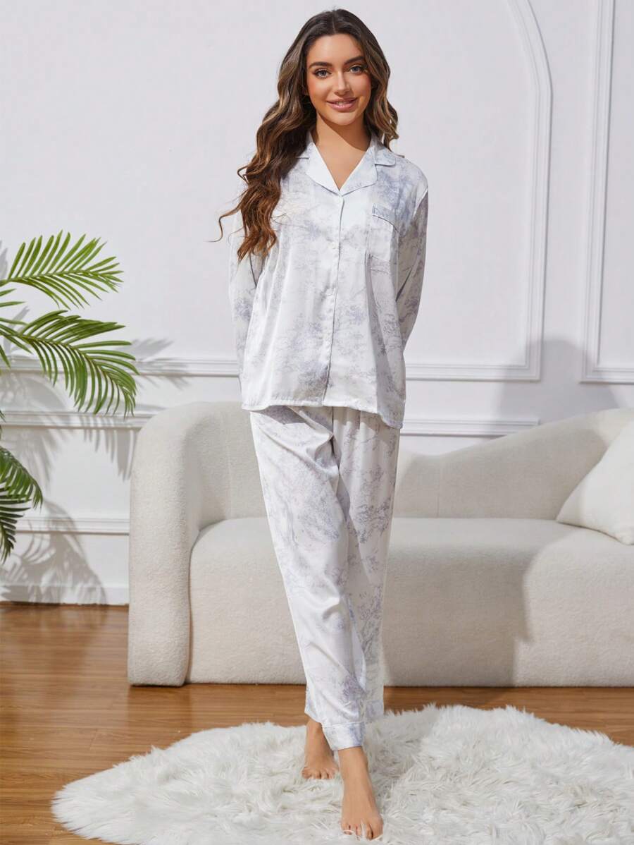2pcs Women's Ink Printing Ice Silk Simple Home Wear Long Sleeve Top And Pants, Two Pieces Set