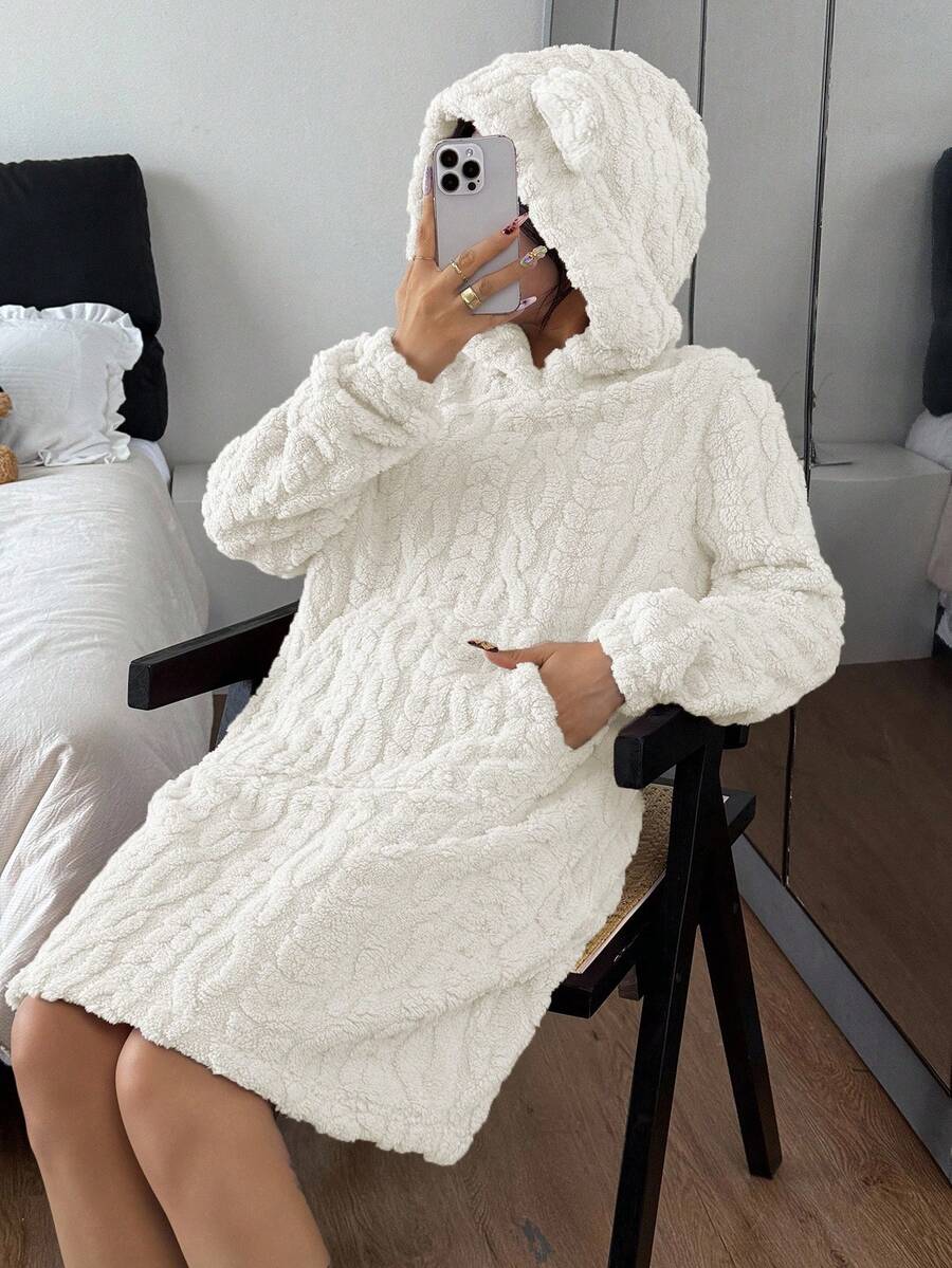 Women's 3D animal ears hooded plush fluffy comfortable winter pajamas