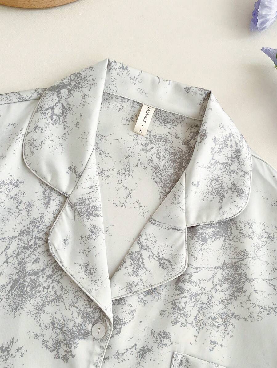 2pcs Women's Ink Printing Ice Silk Simple Home Wear Long Sleeve Top And Pants, Two Pieces Set
