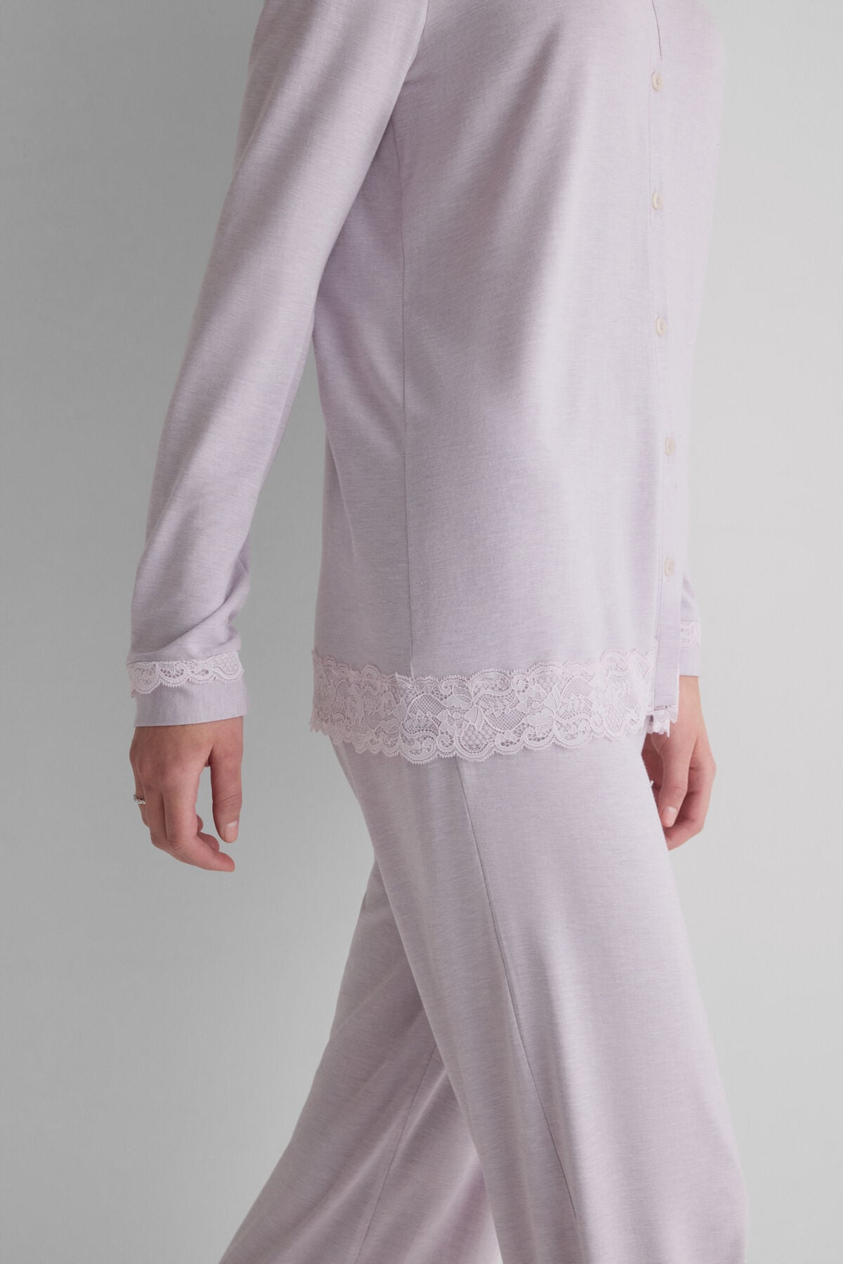 Lace Trim Button Up Full Length Pajamas in Modal Lace Trim Button Up Full Length Pajamas in Modal