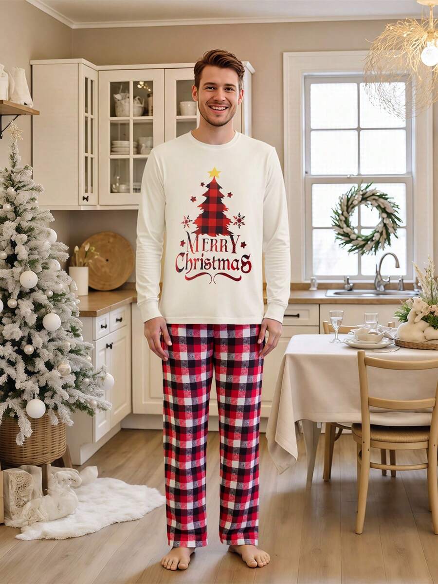 Christmas Parent-Child Pajama Set, Christmas Pajamas, Family-Friendly Christmas Pajamas, Christmas Family Pajama Set, Featuring A Long-Sleeved Top With Christmas Tree Letter Patterns And Plaid Pants. Suitable For A Family Of Four, This Christmas Pajama Se