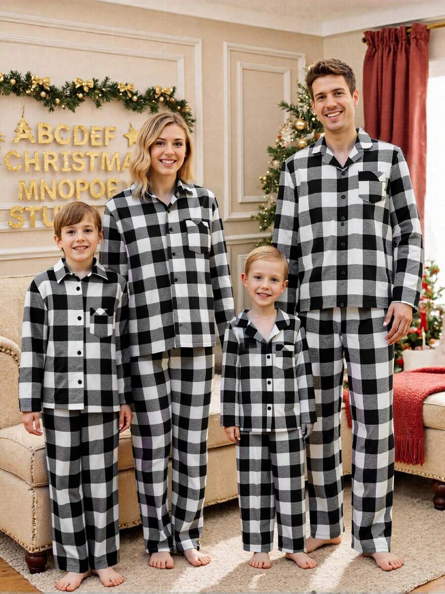 Christmas Family Matching Pjs Casual Long Sleeve Plaid Print Button Down Lounge Set Festival Party Loungewear 2Piece Xmas Oufit Long Sleeve Plaid Shirt Pant Set