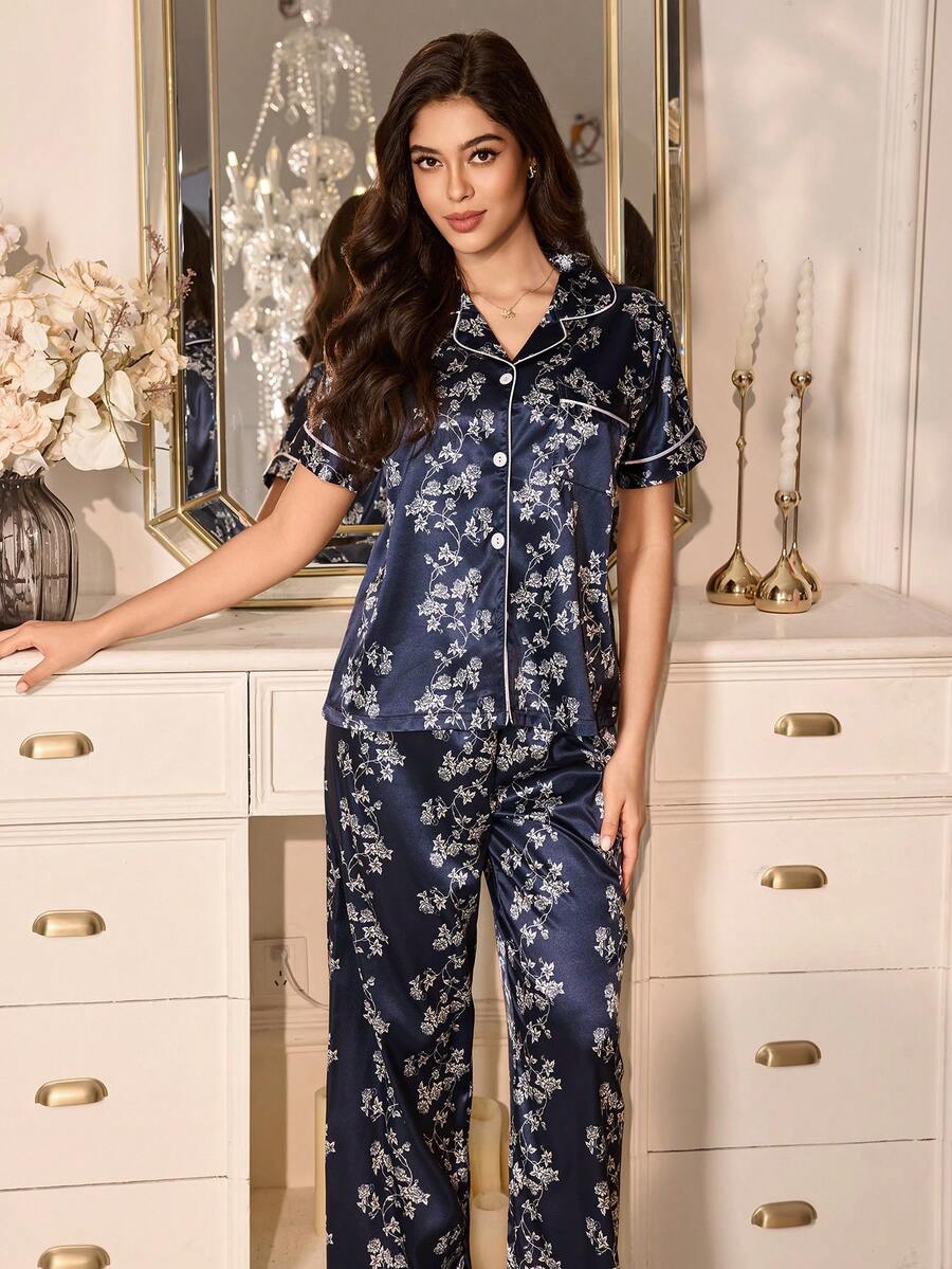Floral Print Short Sleeve Pajama Set With Lapel And Button, Faux Silk Sleepwear
