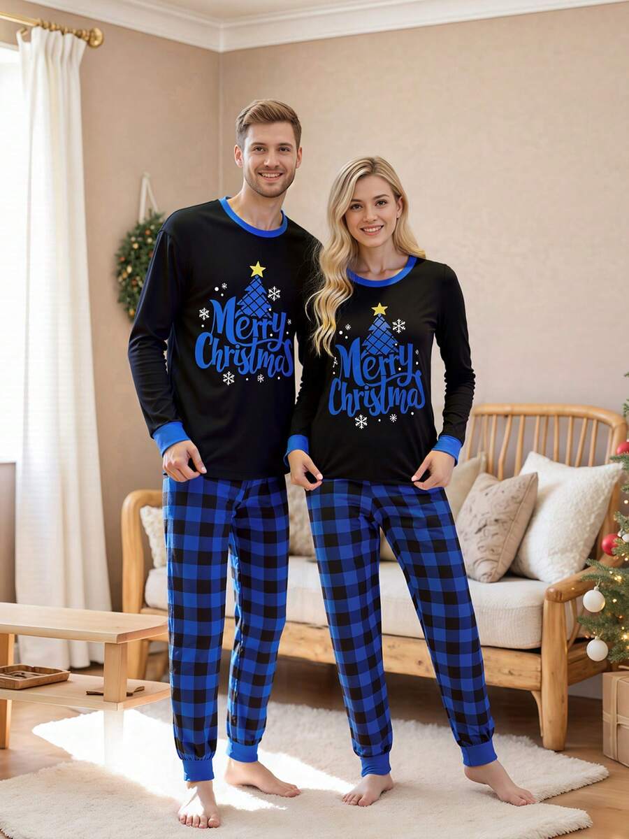 Christmas Parent-Child Pajama Set: Long-Sleeved Top With Star, Moon, And Tree Print Paired With Buffalo Plaid Trousers.