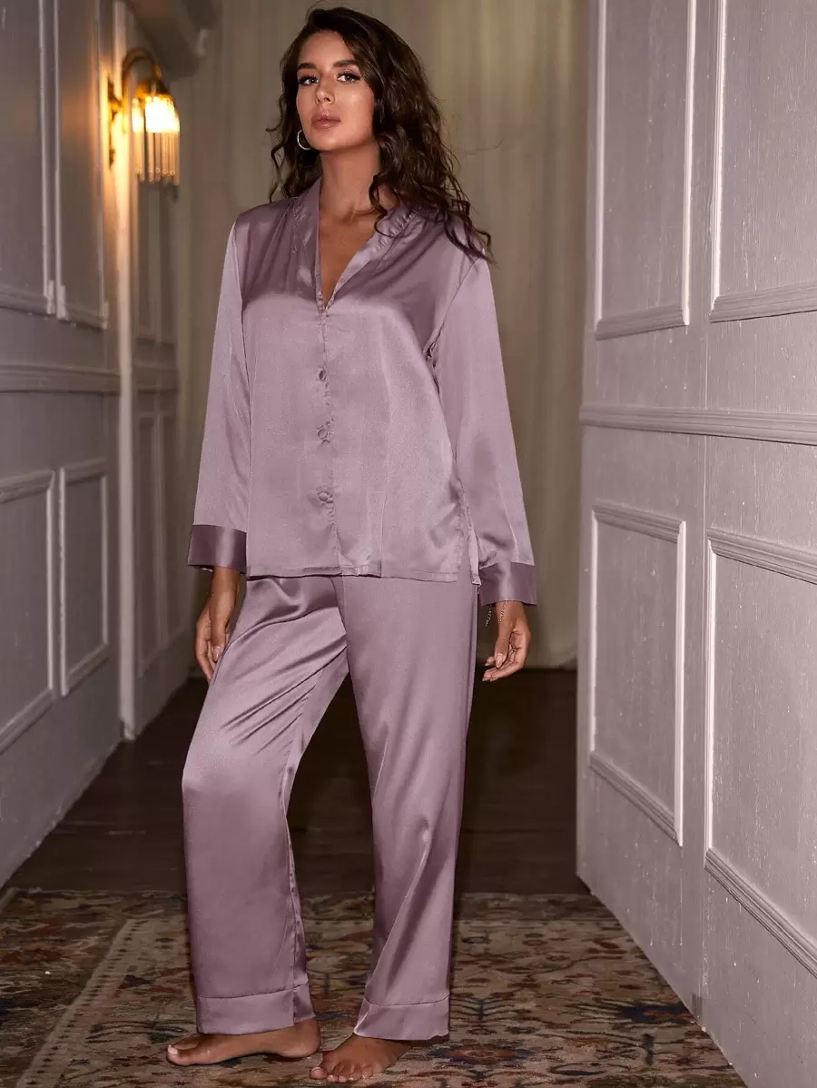 Shawl Collar Satin Pajama Set, Fall Winter Clothes Shawl Collar Satin Pajama Set, Fall Winter Clothes