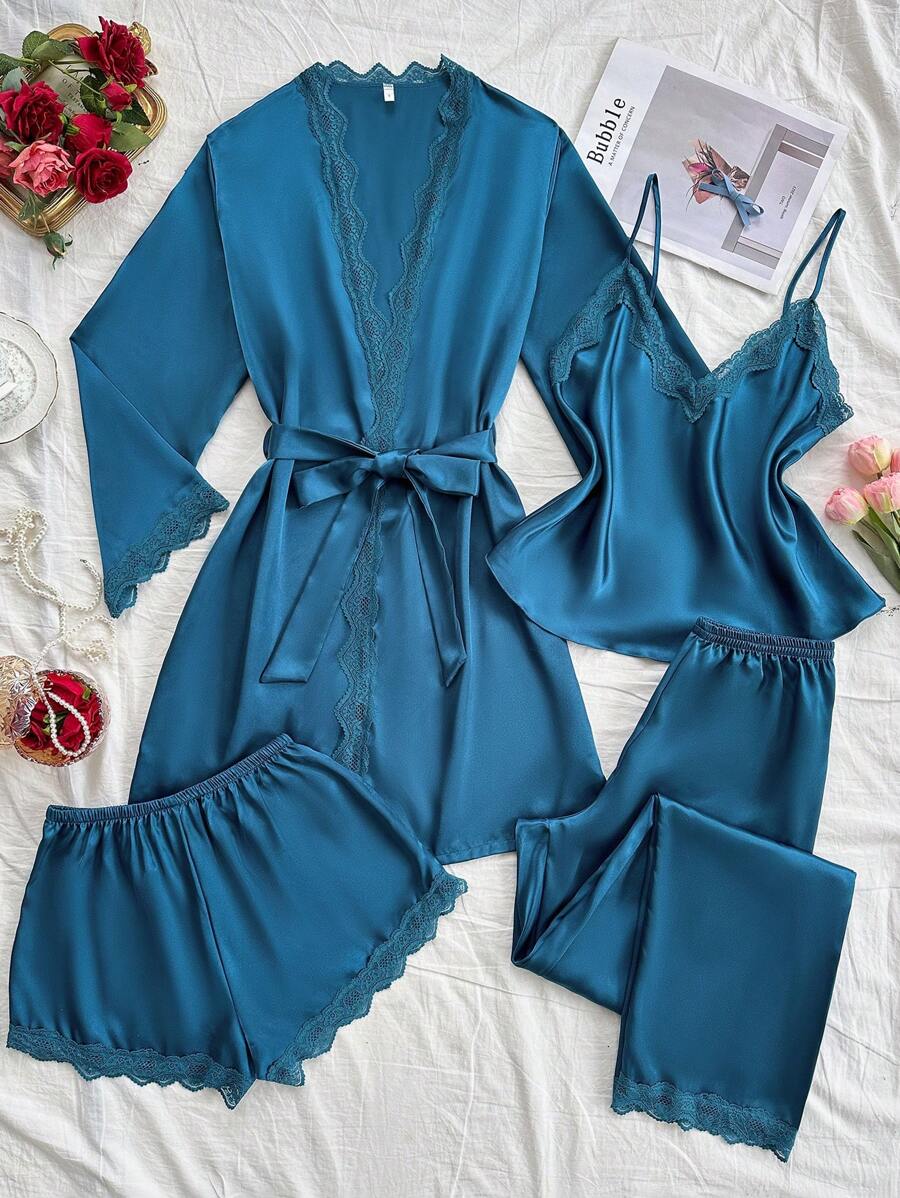 4pcs Pajama Set Lace Patchwork Faux Silk Camisole, Shorts, Pants And Belted Robe, Fall Winter Clothes