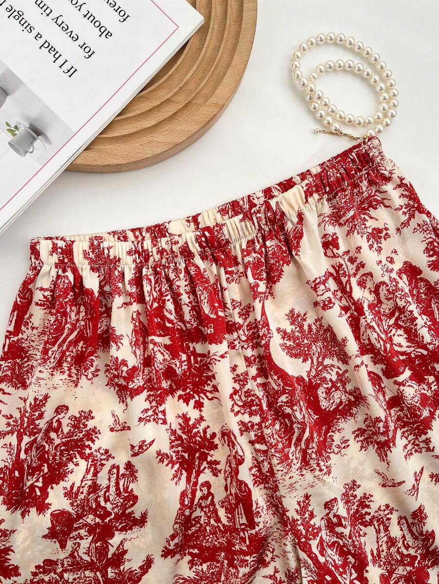 2pcs Women's Ink Printing Ice Silk Pajamas, Simple Turn-Down Collar Long Sleeve Homewear Set, Two Pieces Set