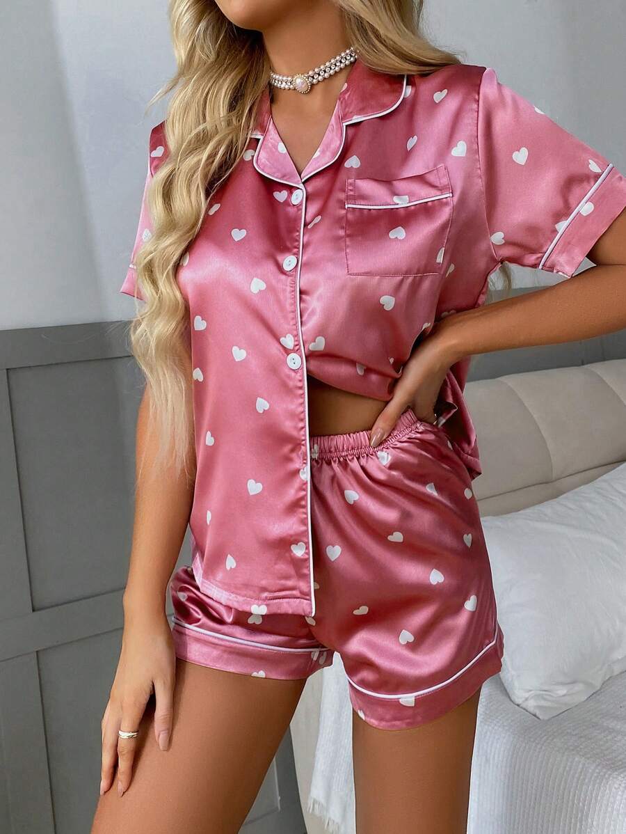 Imitated Silk Heart Print Short Sleeve Top And Shorts Pajamas Set