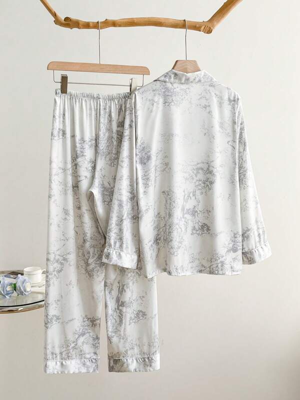 2pcs Women's Ink Printing Ice Silk Simple Home Wear Long Sleeve Top And Pants, Two Pieces Set