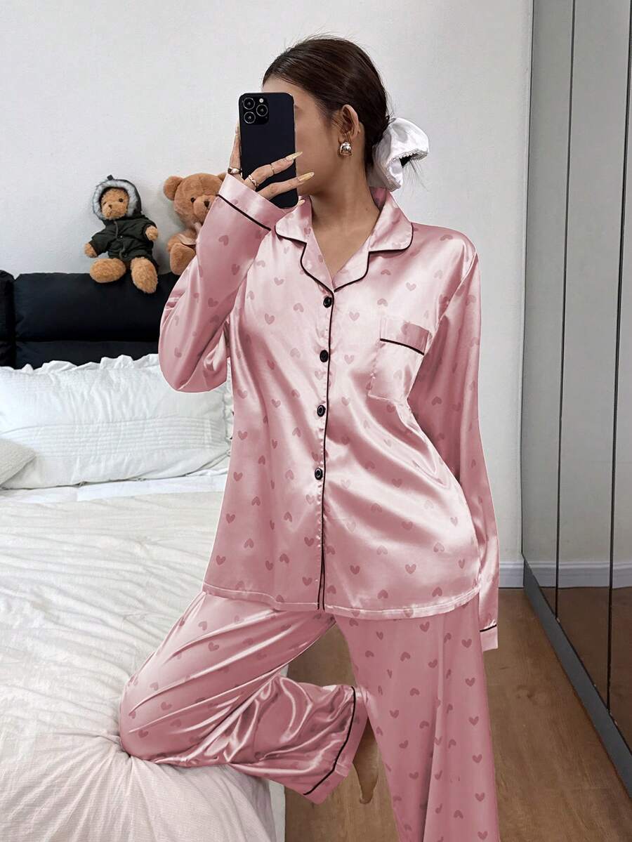 Faux Silk Heart Print Long Sleeve & Pants Pajama Set