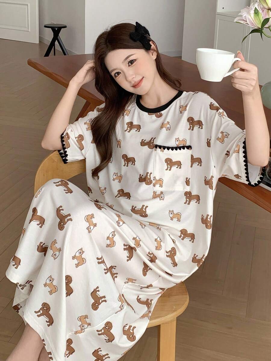 Puppy Print Embroidered Contrast Trim Loose Women's Nightgown Pajamas