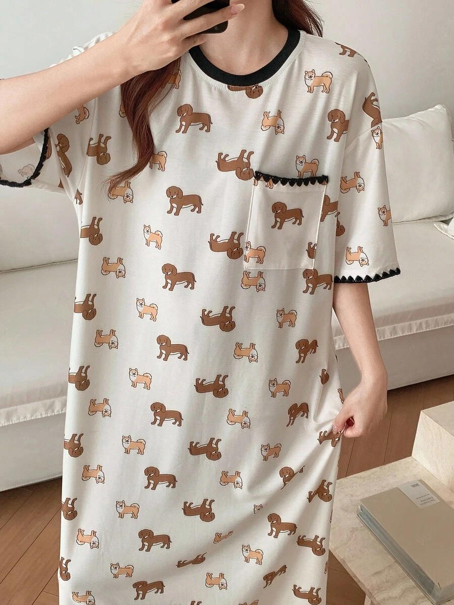 Puppy Print Embroidered Contrast Trim Loose Women's Nightgown Pajamas