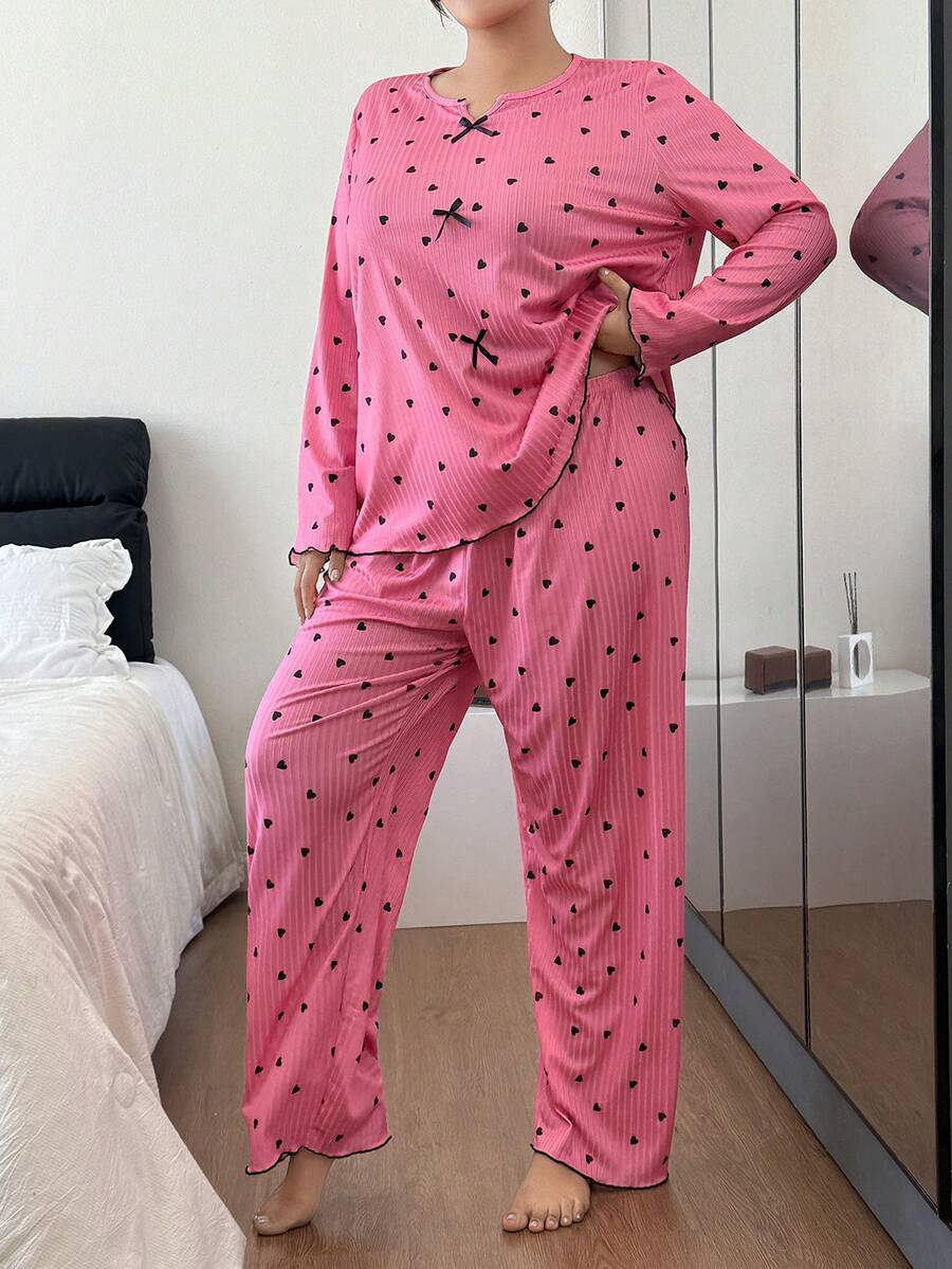 Plus Size Women Ribbed Ruffle Trim Heart Print Long Sleeve Top & Pants Pajama Set With Bow, Winter Clothes