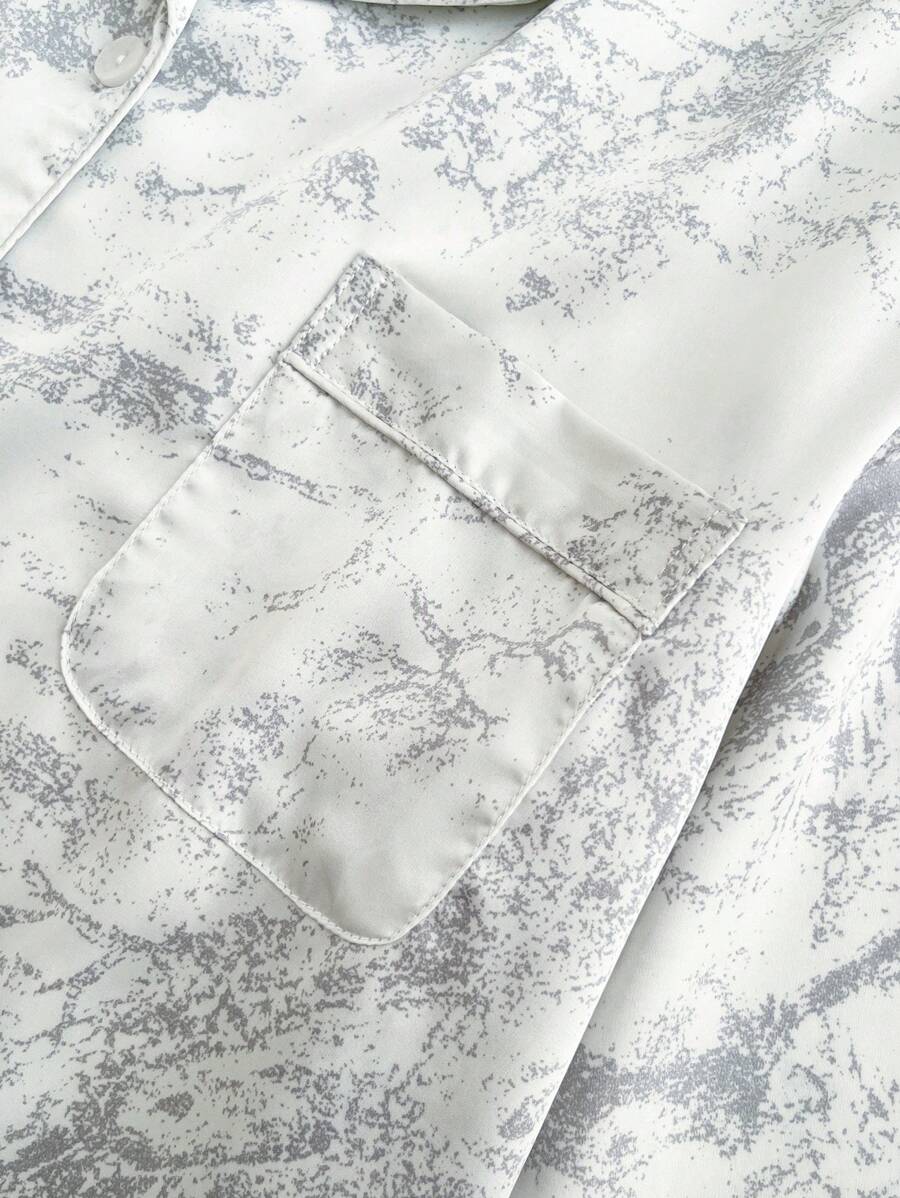 2pcs Women's Ink Printing Ice Silk Simple Home Wear Long Sleeve Top And Pants, Two Pieces Set