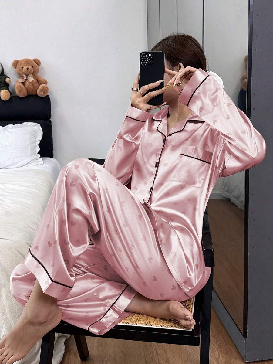 Faux Silk Heart Print Long Sleeve & Pants Pajama Set
