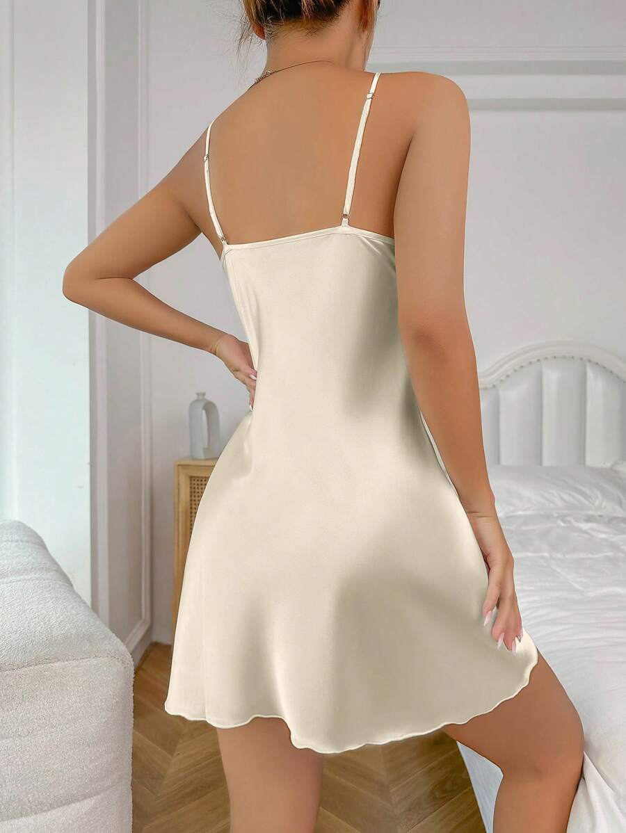 Solid color lace patchwork satin split hem summer pajama suspender skirt