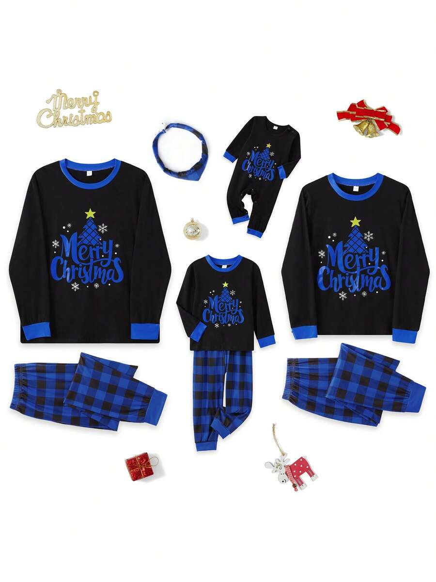 Christmas Parent-Child Pajama Set: Long-Sleeved Top With Star, Moon, And Tree Print Paired With Buffalo Plaid Trousers. Christmas Parent-Child Pajama Set: Long-Sleeved Top With Star, Moon, And Tree Print Paired With Buffalo Plaid Trousers.