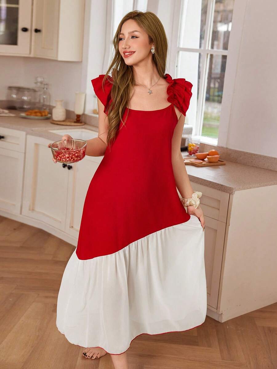 Contrast chiffon patchwork ruffle hem spaghetti strap women's nightgown
