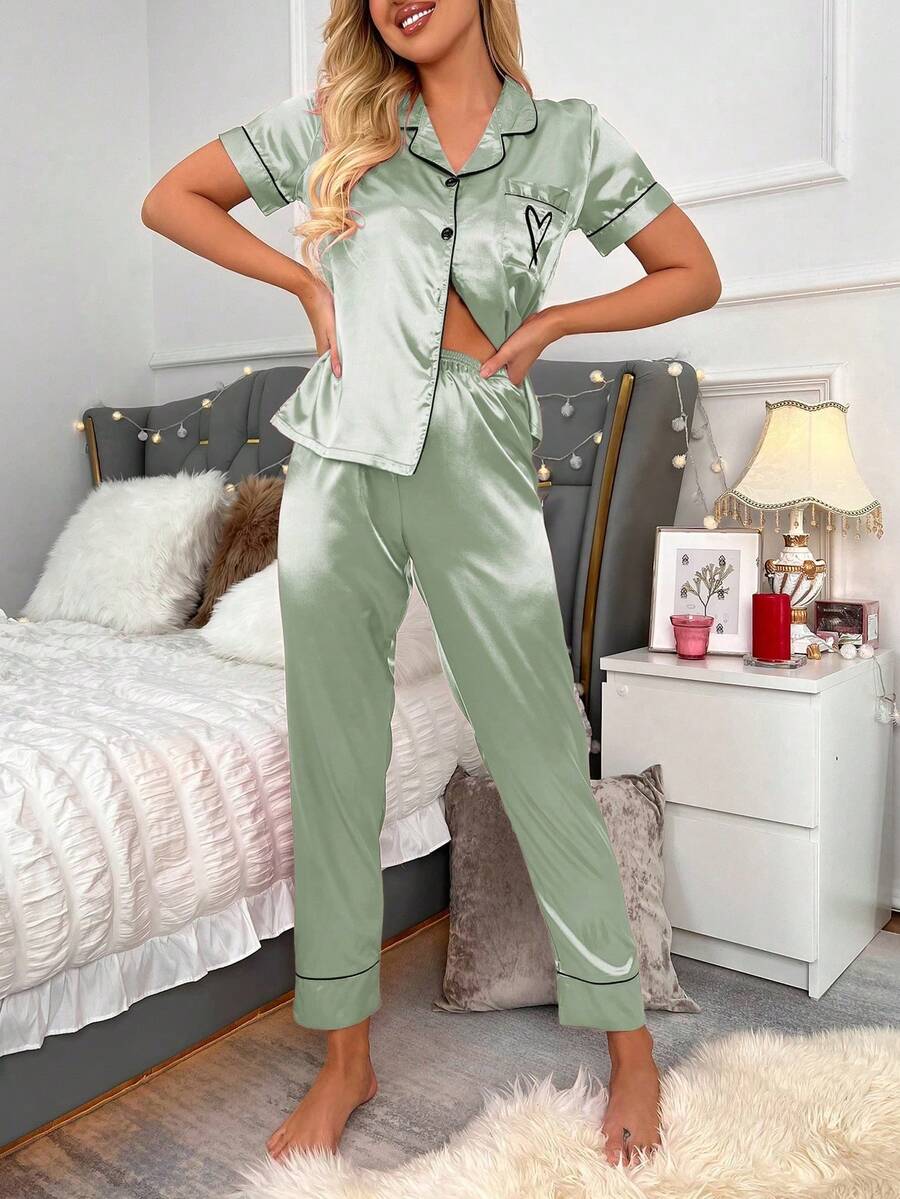 Two-Pieces Set Of Short-Sleeved Top And Long Pants Pajamas With Silk-Like Texture And Embroidered Hearts