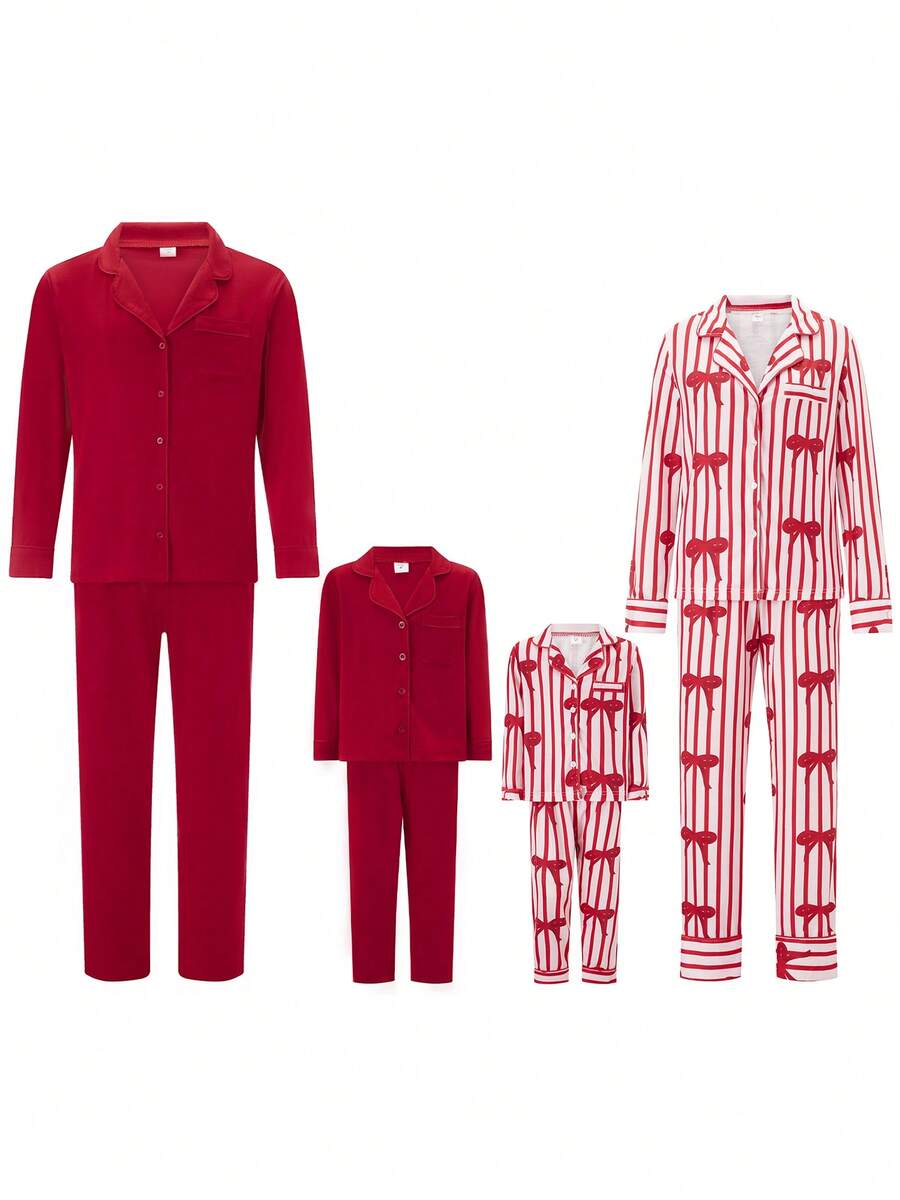 Christmas Family Casual Shirt Set, Long-Sleeved Collared Button-Down Shirt + Trousers, Two-Piece Set, Bow Tie Solid Color. Parent-Child Set, Christmas Family Parent-Child Set.