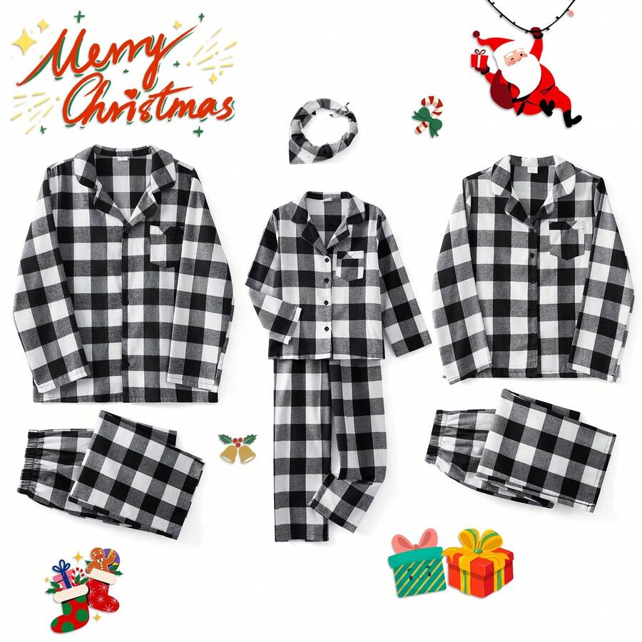 Christmas Family Matching Pjs Casual Long Sleeve Plaid Print Button Down Lounge Set Festival Party Loungewear 2Piece Xmas Oufit Long Sleeve Plaid Shirt Pant Set