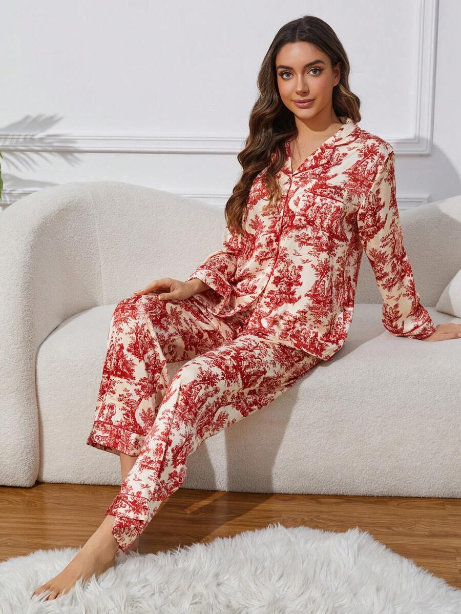 2pcs Women's Ink Printing Ice Silk Pajamas, Simple Turn-Down Collar Long Sleeve Homewear Set, Two Pieces Set