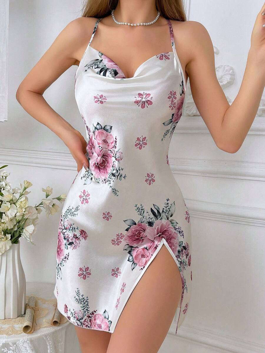 Women's floral print suspender nightdress pajama dress Women's floral print suspender nightdress pajama dress