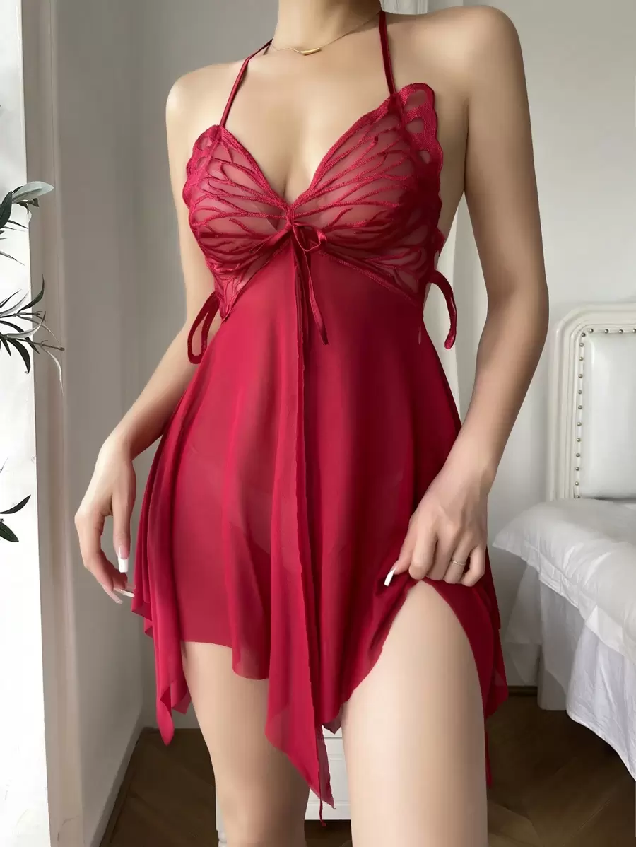 Women's mesh halter neck tie sexy pajamas nightdress