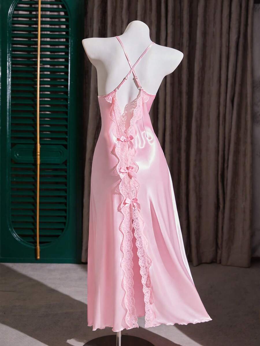 Backless bow lace stitching imitation silk sexy nightgown Backless bow lace stitching imitation silk sexy nightgown