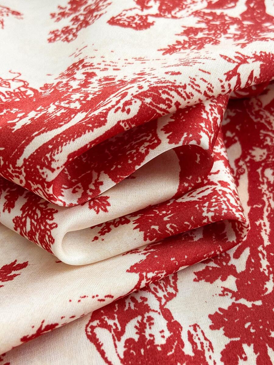 2pcs Women's Ink Printing Ice Silk Pajamas, Simple Turn-Down Collar Long Sleeve Homewear Set, Two Pieces Set