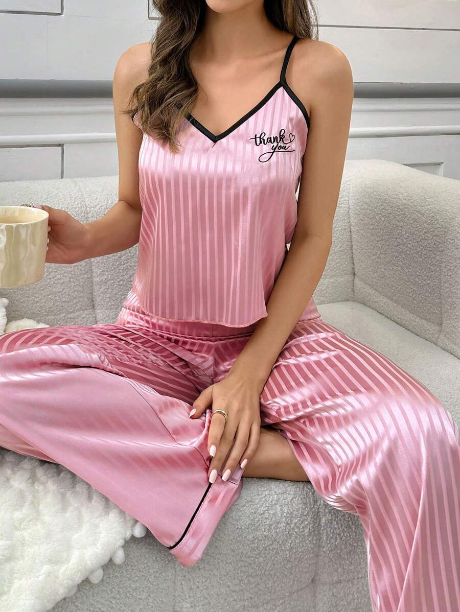 Ladies English Embroidered Faux Silk Striped Camisole Top & Pants Pajama Set