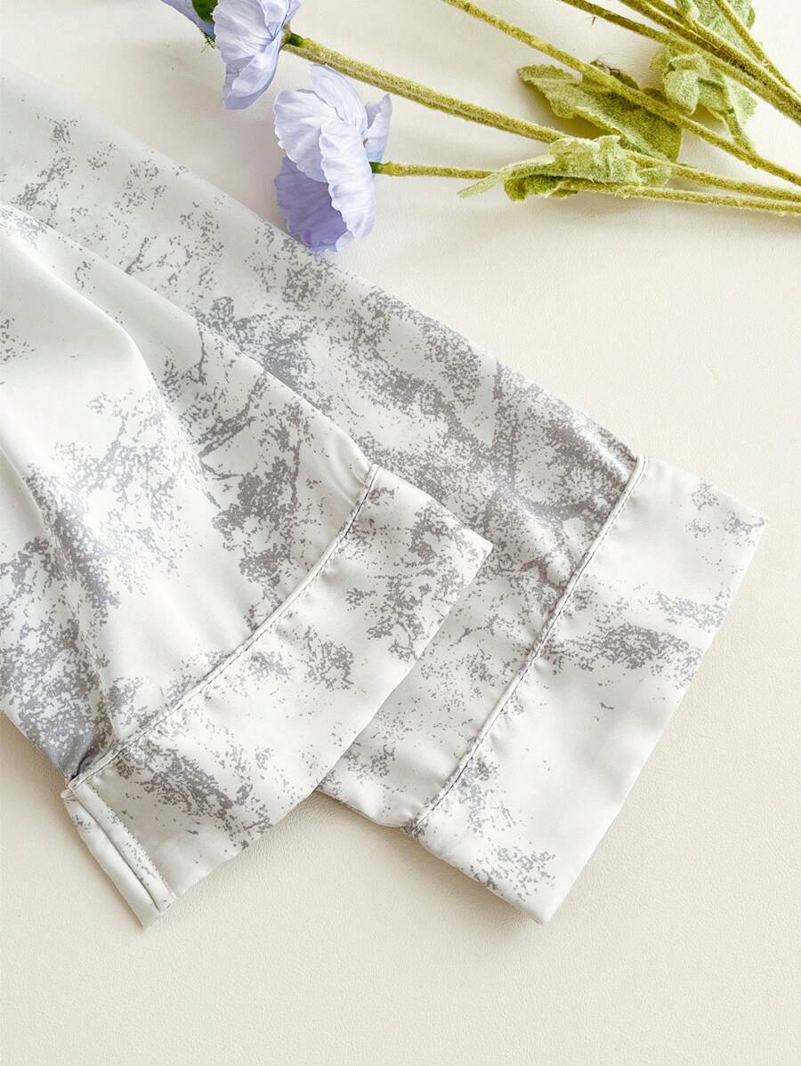 2pcs Women's Ink Printing Ice Silk Simple Home Wear Long Sleeve Top And Pants, Two Pieces Set