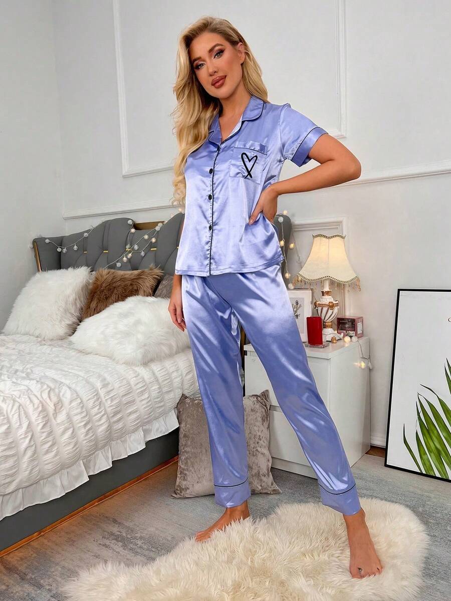 Heart Embroidery Piping Trim Satin Pajama Set