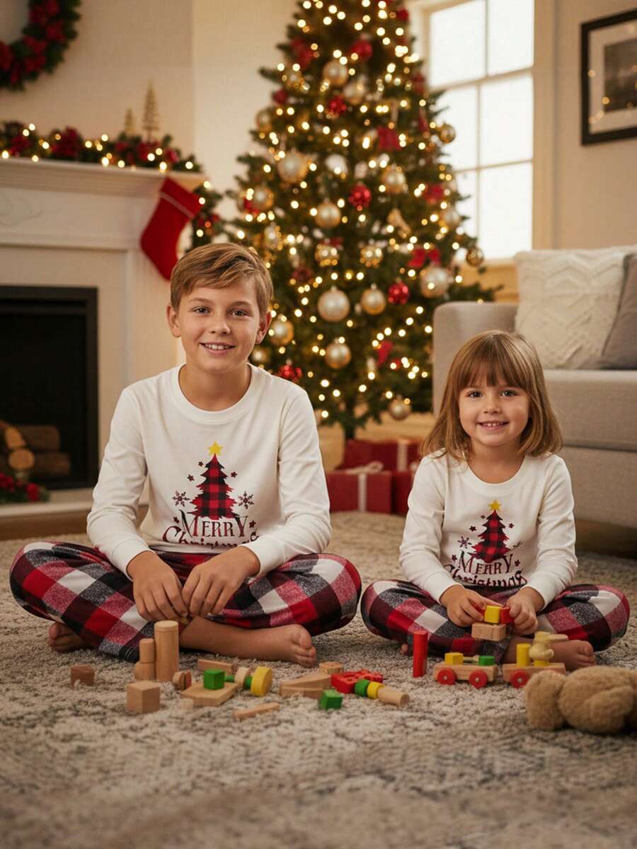 Christmas Parent-Child Pajama Set, Christmas Pajamas, Family-Friendly Christmas Pajamas, Christmas Family Pajama Set, Featuring A Long-Sleeved Top With Christmas Tree Letter Patterns And Plaid Pants. Suitable For A Family Of Four, This Christmas Pajama Se