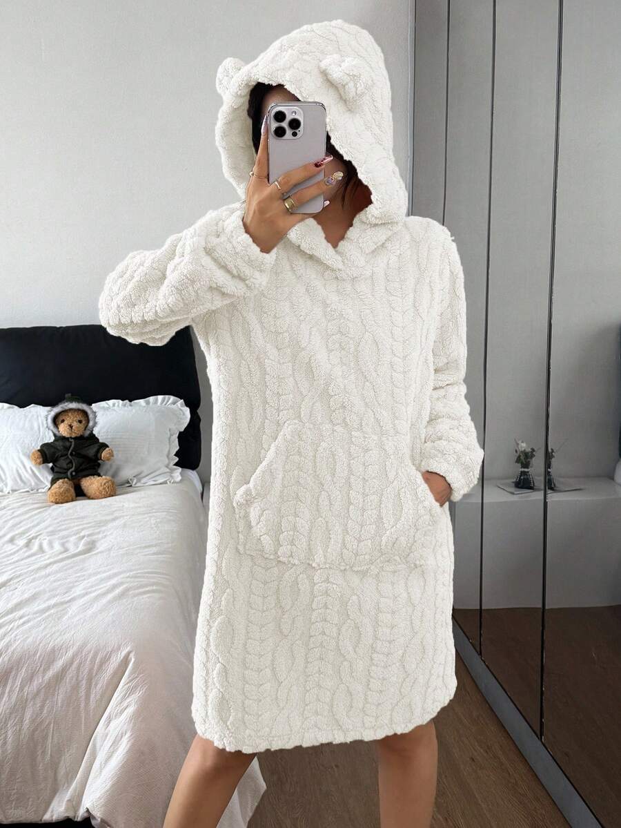Women's 3D animal ears hooded plush fluffy comfortable winter pajamas