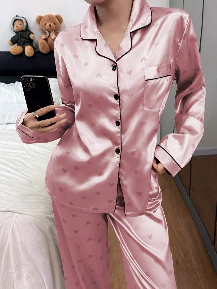 Faux Silk Heart Print Long Sleeve & Pants Pajama Set