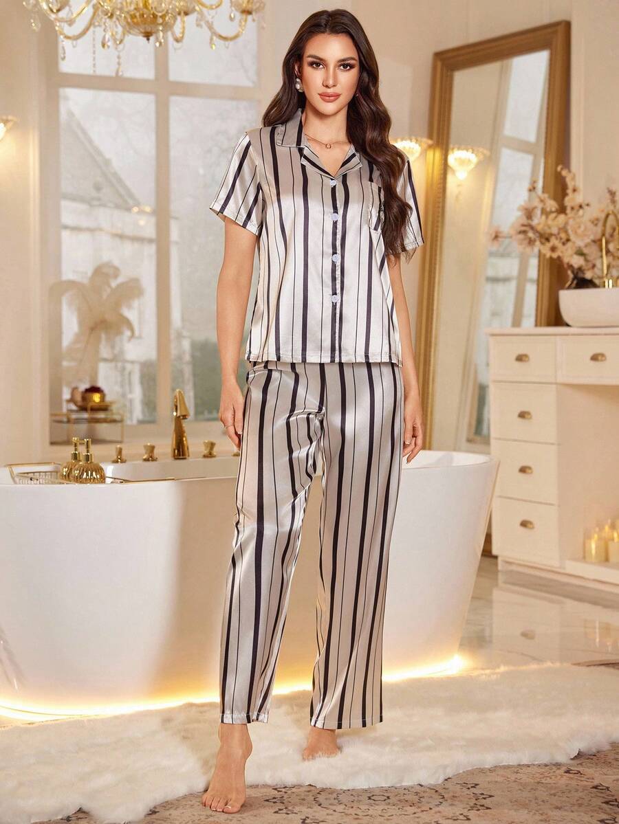 Women's new striped pocket embroidered short-sleeved pajama set women's satin pajama set Women's new striped pocket embroidered short-sleeved pajama set women's satin pajama set