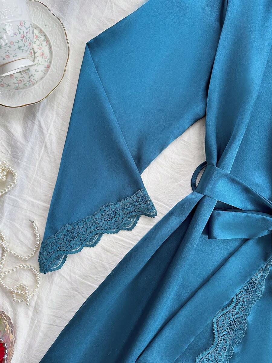 4pcs Pajama Set Lace Patchwork Faux Silk Camisole, Shorts, Pants And Belted Robe, Fall Winter Clothes