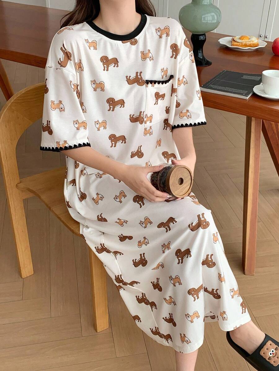 Puppy Print Embroidered Contrast Trim Loose Women's Nightgown Pajamas
