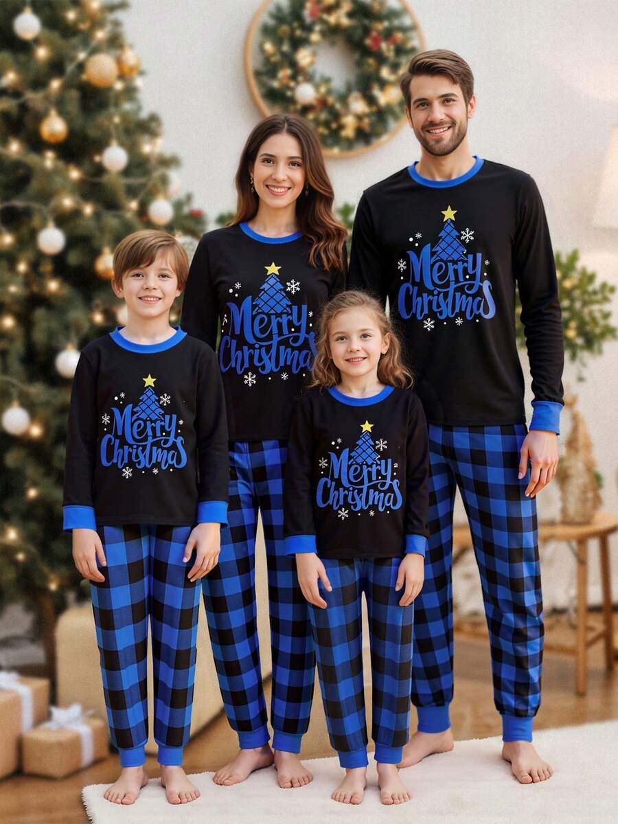 Christmas Parent-Child Pajama Set: Long-Sleeved Top With Star, Moon, And Tree Print Paired With Buffalo Plaid Trousers.